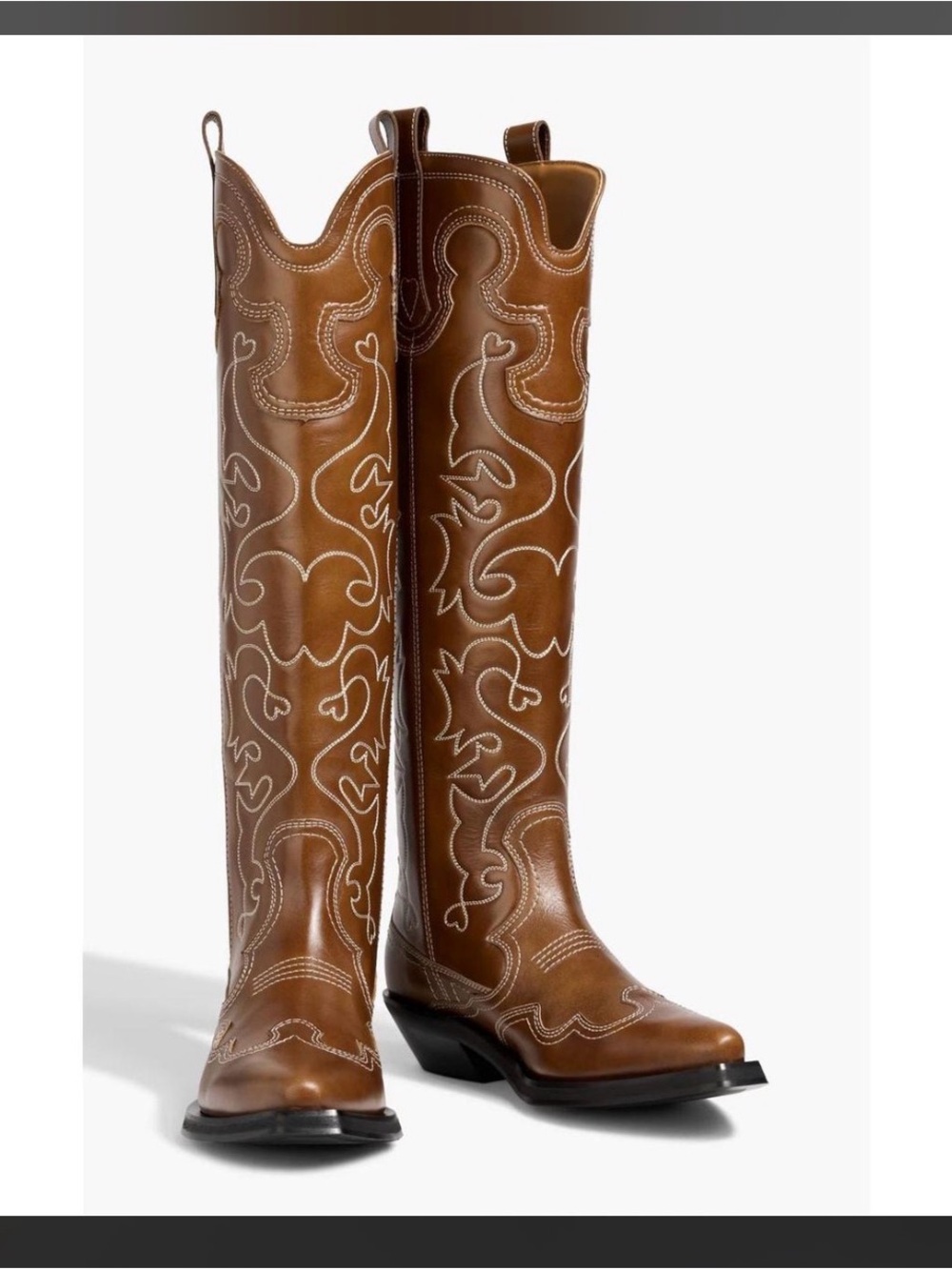 Ganni Brown Embroidered Leather Knee-High Cowboy Boots